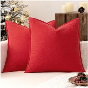 Modern Farmhouse SQUARE Pillow Covers Linen Blend RED 20x20” (2-Pack)